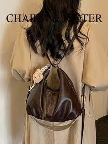 1pc Fashion Crescent PU Fabric Shoulder Bag Suitable For Commuting, Shopping, Etc. (With Pendant) - Coffee - View 6
