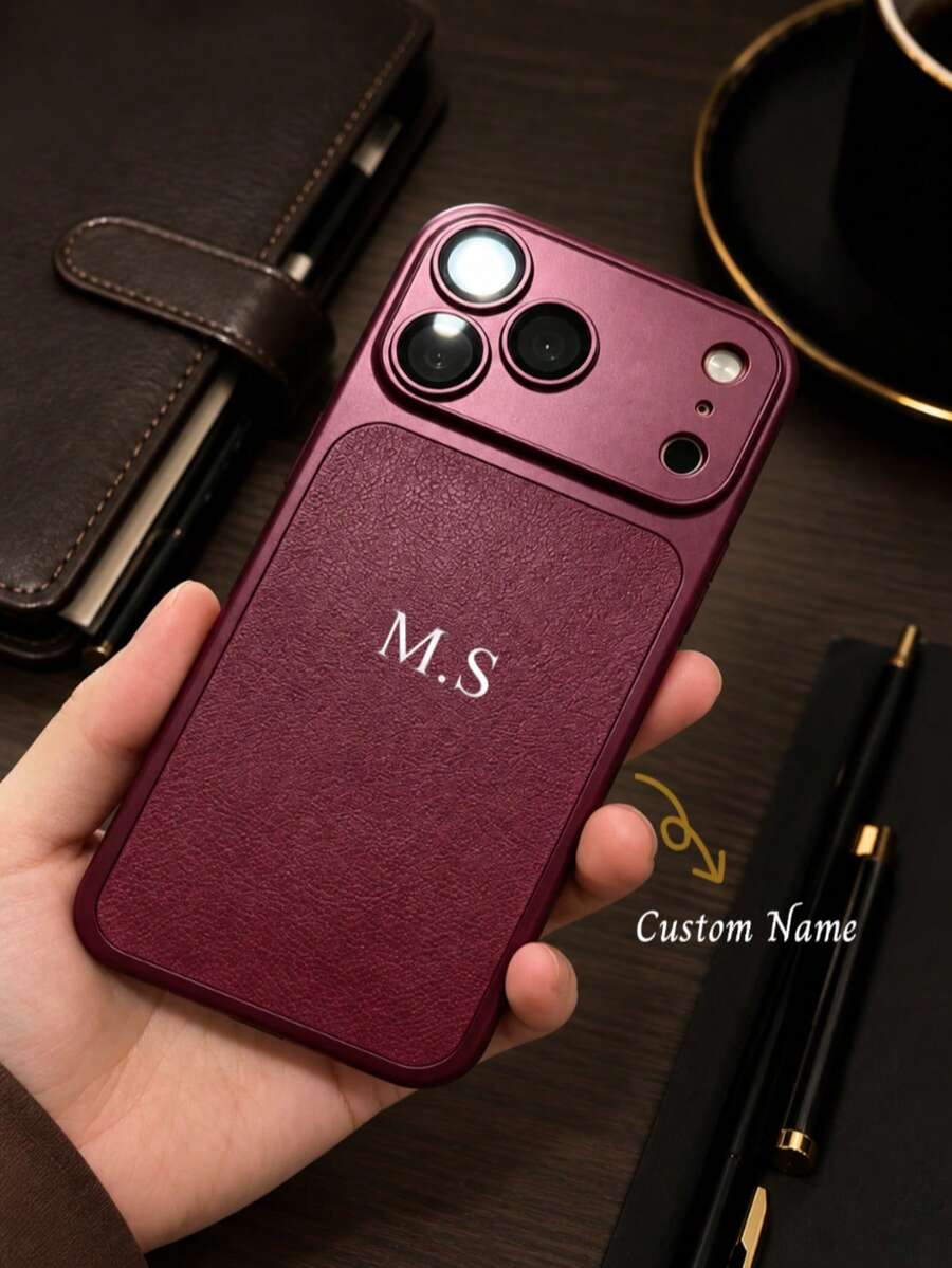 奢華客製化姓名人造 PU 皮革手機殼,適用於 Apple 18 17 16 15 14 13 12 11 Pro Max 14 15 16 Plus 17 Air,銀箔燙金字母全包保護殼,時尚手機殼 DIY 禮物,手機配件,字母姓名客製化,極簡防指紋防摔防震情侶手機殼軟殼,情人節禮物,生日禮物,節日禮物 - 櫻桃紅 - 查看 1