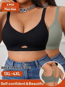 2pcs Plus Size Seamless Wireless High Support Bra, Wide Adjustable Straps, Padded Full Coverage Non-Wired, Suitable For Voluptuous Body Daily Comfortable Lingerie - Multicolor - View 10
