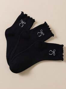 5 Pairs Women's Bow Mid-Calf Socks, Japanese Lolita Style Black Ruffle Lace Socks, Bow School Style Mid-Calf Socks, Suitable For Daily Wear - Black - View 6