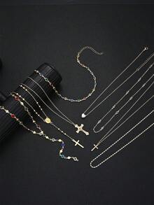 4/8pcs Fashion Minimalist Bohemian Colorful Rhinestone Heart & Cross Pendant Y-Shaped Chain Necklace Set, Layered Necklaces For Women, Suitable For Vacation, Date, Party, Ball, Banquet, Festival, Birthday Gift, Daily Wear - Yellow Gold - View 6