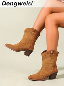 DENGWEISI Camel Rivet Western Boots Chunky Heel Square Toe Comfortable Versatile Elegant Office Commute Daily New European American Punk Style Spring Autumn Fashion Women's Boots - Camel - View 4