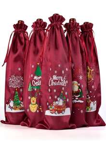 1/3/6PCS Christmas Wine Bottle Gift Box Bag - 15*35 Cm. A Red-Black-Green Three-Color Mixed Satin Drawstring Bag, Featuring Patterns Of Santa Claus, Snowmen And Reindeer. Suitable For Packaging Wine For Holiday Parties (All Styles Are Random) - One Size Fits All - View 10