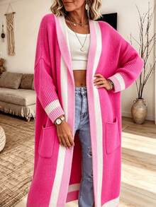 Plus Size Women's Striped Long Sleeve Pocket Design Casual Hooded Knit Cardigan - Hot Pink - View 4
