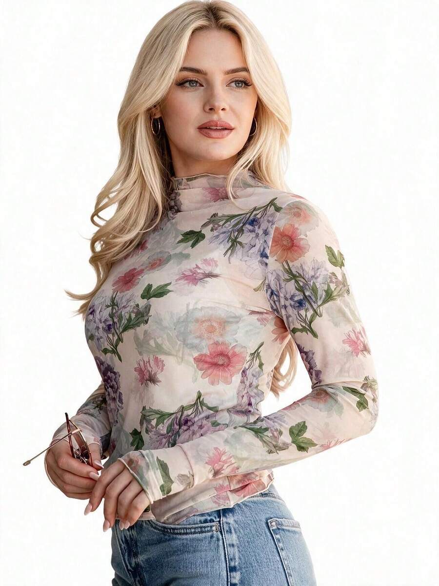 Acelitt Women's Watercolor Floral Print Mesh Round Neck Thumbhole Long Sleeve Fitted Elegant Pullover Vacation - Multicolor - View 1