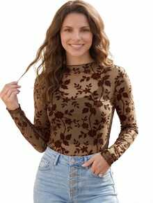 Acelitt Brown Floral Embossed Waffle Knit Slim Fit Long Sleeve Top, Wavy Hem Casual Round Neck T-Shirt - Brown - View 1