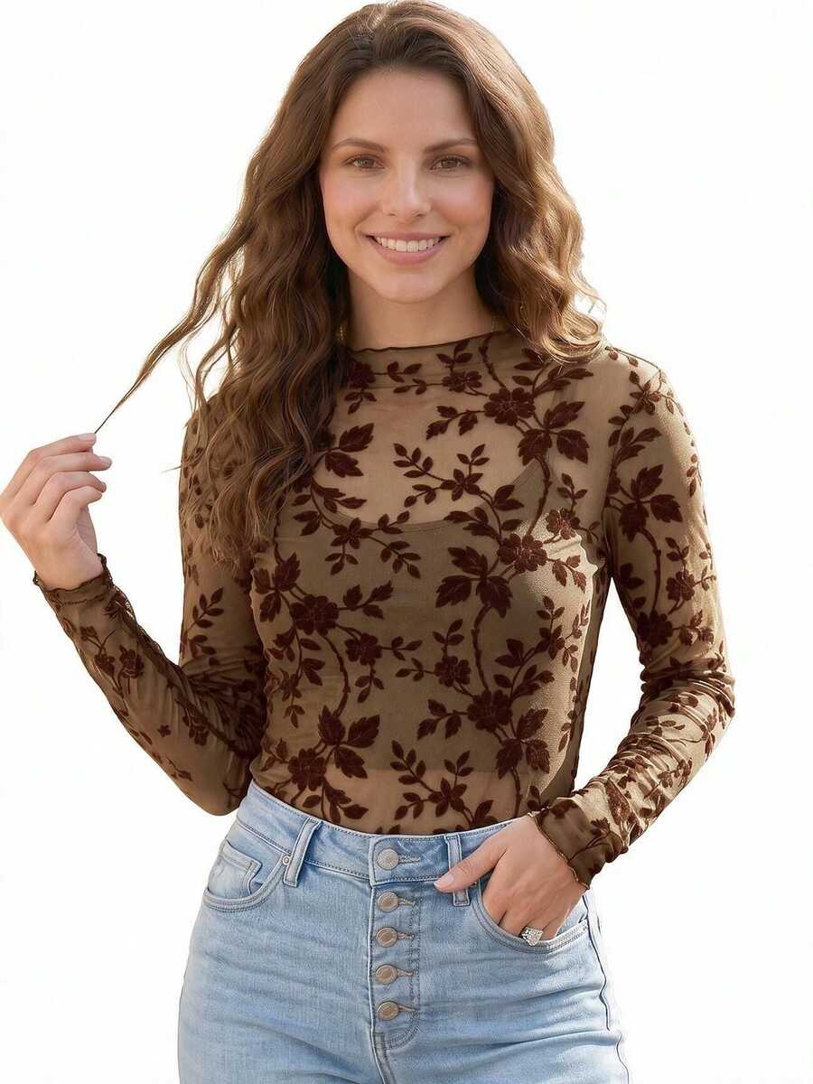 Acelitt Brown Floral Embossed Waffle Knit Slim Fit Long Sleeve Top, Wavy Hem Casual Round Neck T-Shirt - Brown - View 1