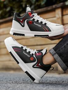 Men's Personalized Colorblock High-Top Casual Shoes With Letter Basketball Logo Decor, Street Style Thick Sole Versatile Skate Shoes For Students - White and Black - View 10