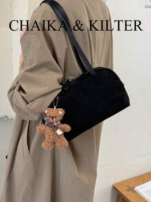 CHAIKA & KILTER 1件裝純色麂皮布料女款復古時尚啞光單肩保齡球包，對比色絎縫線條，雙手柄設計，拉鍊開合，適合日常與旅行使用 - 黑色 - 查看 9