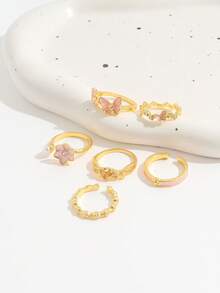 Set Cincin Tumpuk Multi-Elemen Bergaya Vintage Prancis dengan Glasir Tetes Enamel Imitasi, Motif Kupu-kupu, Bunga, Berlian Imitasi, Hati, dan Mutiara Imitasi untuk Wanita. - Emas - View 4