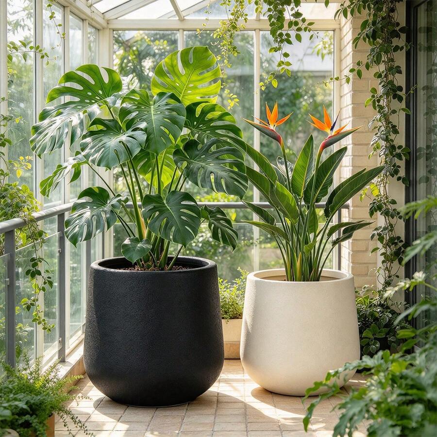 大型落地花盆 陶瓷感磨砂室內植栽盆 裝飾性植物容器 輕量耐用 家居與辦公室裝飾 黑米色 - 多款 - 查看 1