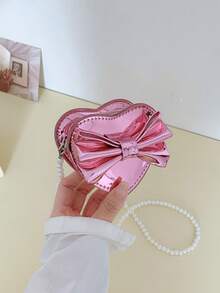 Girls' Glossy Heart Bow Crossbody Bag, Pearl Chain Mini Purse, Party Accessory Bag - A - View 6