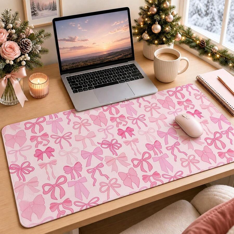 1pc Black Bow Print Mouse Pad, White Coquette Ribbon Bowtie Pattern Extended Desk Mat For Home Office And Gaming, Sizes S/M/L/XL - View 1