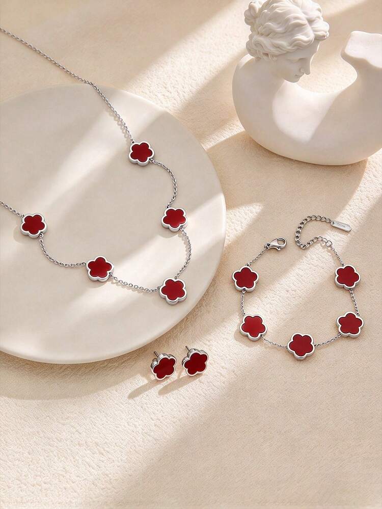 3pcs Classic Lucky Five-Petal Flower Stainless Steel Earrings Necklace Bracelet Set, European And American Fashion Versatile Five-Leaf Flower Pattern Jewelry Set - Red - View 2