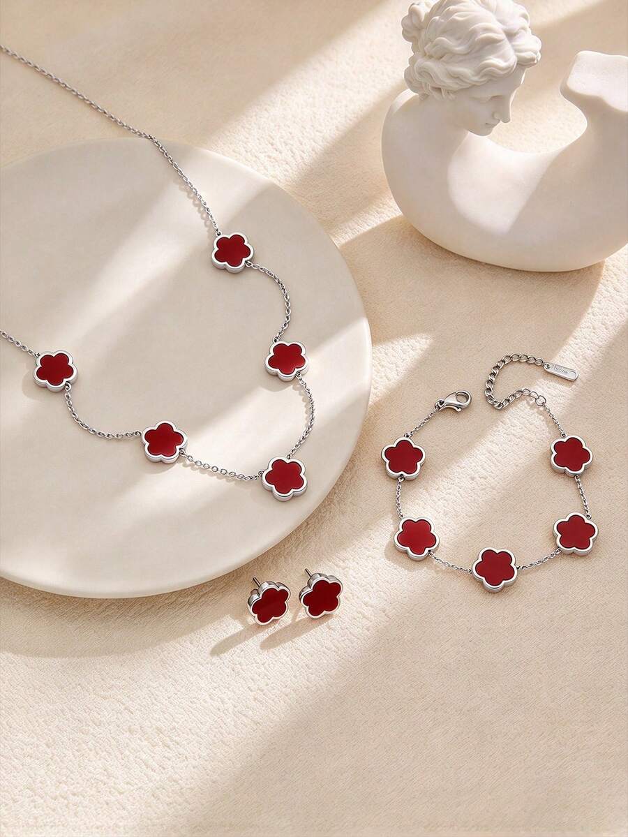 3pcs Classic Lucky Five-Petal Flower Stainless Steel Earrings Necklace Bracelet Set, European And American Fashion Versatile Five-Leaf Flower Pattern Jewelry Set - Red - View 1