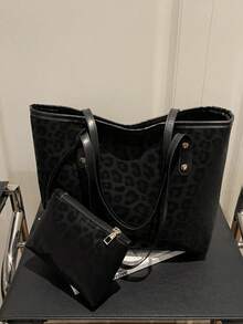 Women's Leopard Print Tote Bag, Soft Fabric, Rivet Details, With Small Storage Pouch, Large Capacity, Casual Style, Suitable For Work, Shopping - Black - View 3