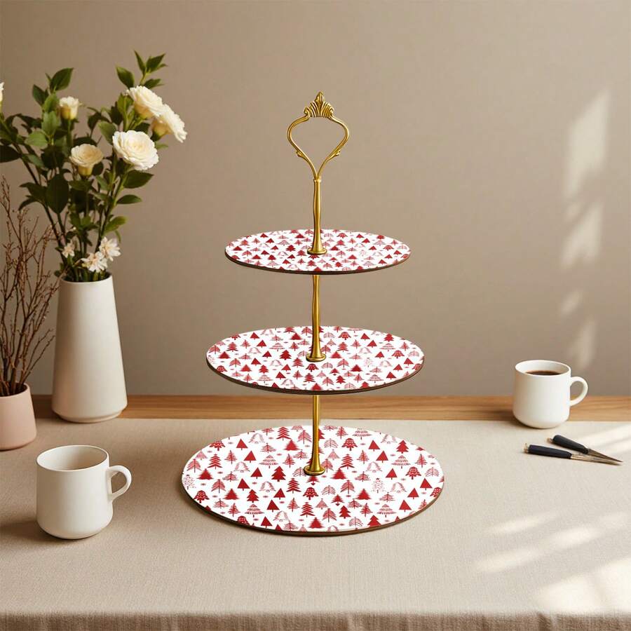 3-Tier Gold Stand Red Christmas Tree Print Cake Stand Suitable For Holiday Party Decoration - Multicolor - View 1