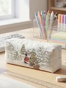 1pc Christmas Snowfield & Animals Print Corduroy Kids Pencil Case,Zipper Large Capacity Stationery Storage Pouch For Student School Daily Study - Multicolor - View 12