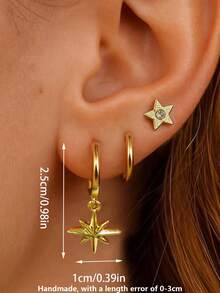 3pcs Women's Earrings, Gold Metal, Star-Shaped Micro-Inlaid CZ Hoop Pendant, Exquisite Sparkling Versatile Earrings For Autumn Style Daily Date Commute Outfit - Gold - View 4