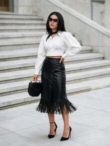 Women's Solid Color Tassel Hem Elegant Fashion Skirt - Black - View 4
