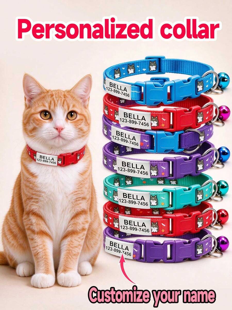 Customizable Engraved Name & Phone Number Cat Collar - Adjustable, Durable Polyester Material, Multiple Colors (Pink, Green, Blue, Orange) - Suitable For Small, Medium, Large Cats, No Battery Required - Multicolor - View 1