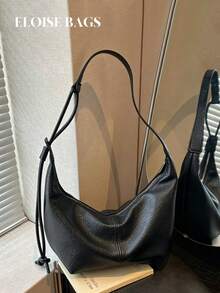 Casual Black Large Capacity Lychee Grain Tote Bag, Shoulder Crossbody Underarm Bag - Black - View 2