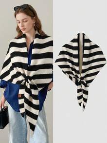 Stylish, Casual Striped Knit Shawl Featuring A Front-Tie Design; Soft And Lightweight, Suitable For Both Everyday Wear And Evening Attire; Thickened Knit // Suitable For All Seasons. - Multicolor - View 17