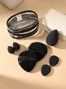 7pcs Full Set Black Makeup Sponge Foundation Puff Set With Makeup Storage Bag, Complete Tool Kit Suitable For Home Use Or Professional Makeup Artists - Black - View 1