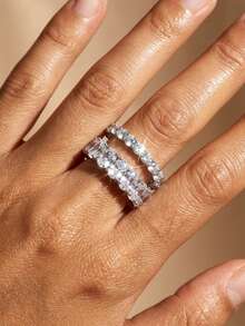 rakol 2pcs/Set Silver Minimalist Cube Cubic Zirconia Decorated Women's Rings - Silver - View 3