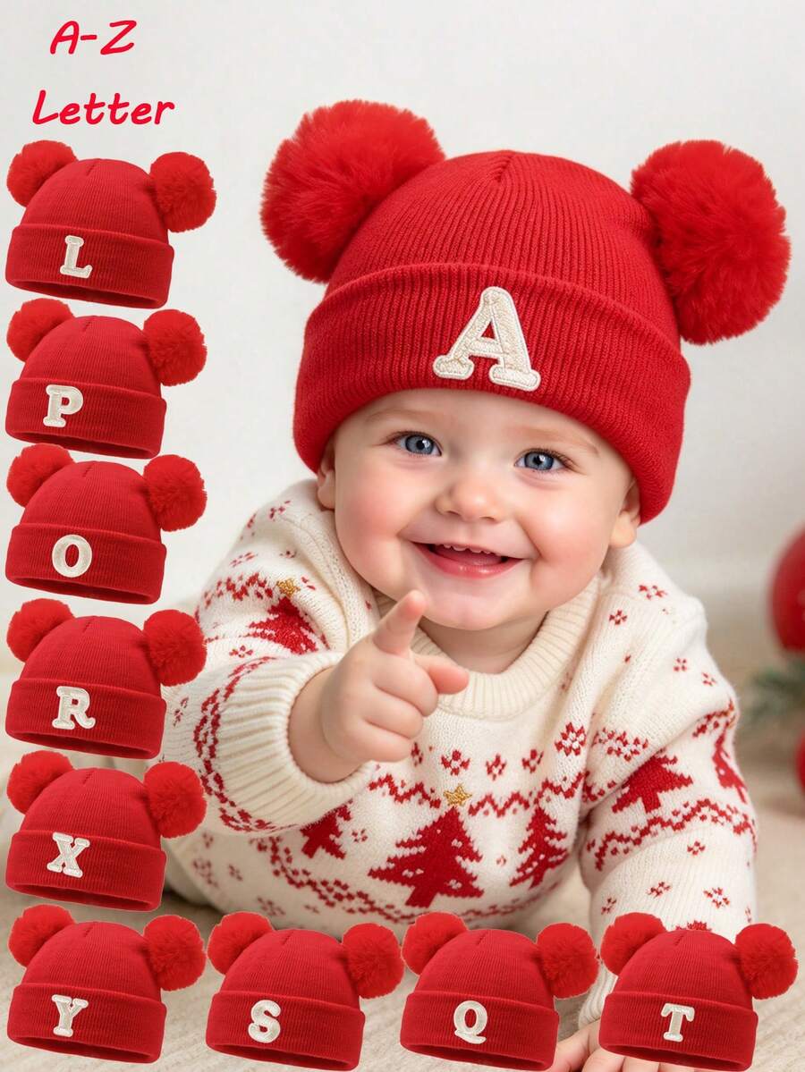 1pc Christmas Baby Hat, Personalized Infant Knitted Cap, 26 Letter Knitted Hat For Toddlers & Children, Handmade Skull Cap For Baby Girls, Suitable For Daily Wear