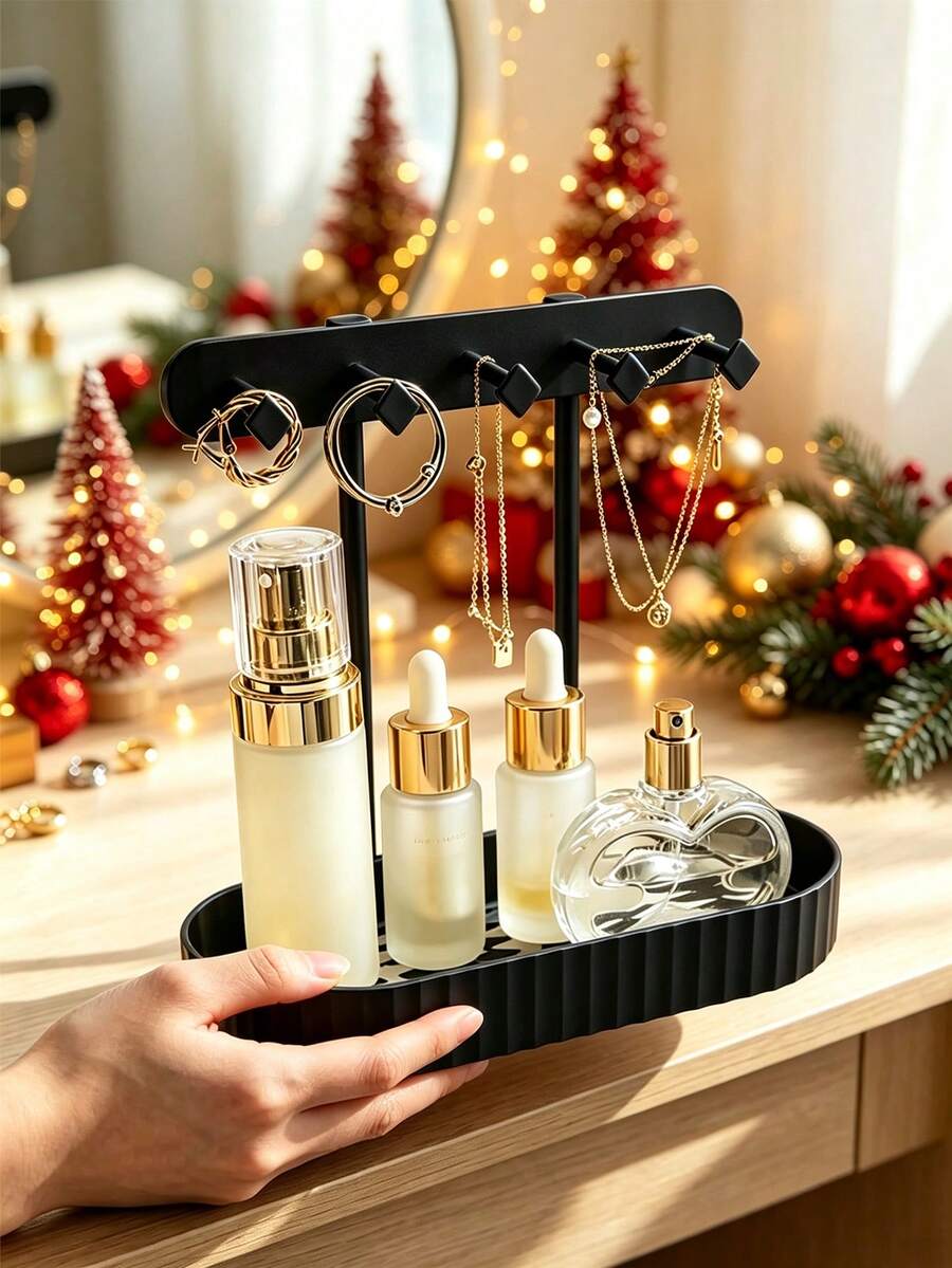 1/2pcs Luxury Jewelry & Skincare Storage Rack, Desktop Necklace & Earring Holder, Black & White Checkerboard Base Tray, Vanity Perfume & Lipstick Organizer Box, Tidy Storage For Delicate Items - Multicolor - View 1