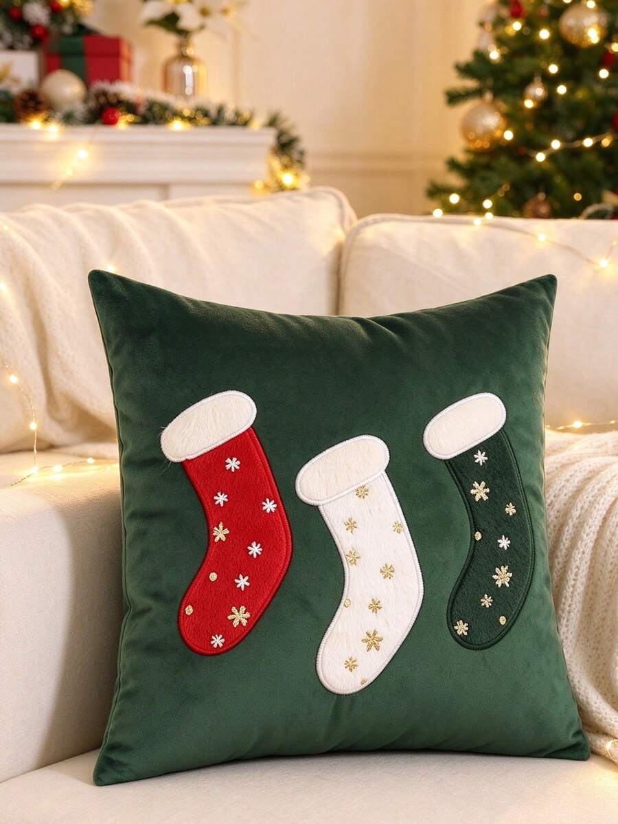 Miater 1件/2件裝聖誕糖果襪毛巾刺繡枕套,Merry Christmas雪花刺繡靠墊套,客廳沙發節日裝飾,不含枕芯 - 綠色 - 查看 1