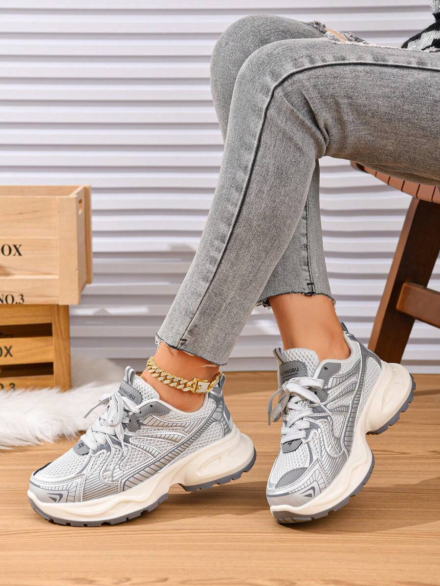 Sepatu Wanita Fashion Colorblock Kulit PU Bertali Nyaman Bernapas untuk Aktivitas Luar Ruangan Sepanjang Musim - Light Grey - View 1