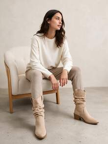 British Style Western Cowboy Boots For Women, Autumn/Winter New Maillard Mid-Calf Boots, Suede Slimming Slouch Boots - Khaki - View 3