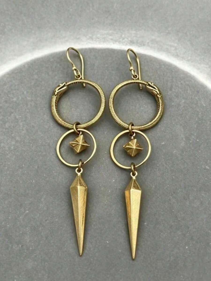 1 Pair Vintage Punk Style Distressed Multi-Layer Snake-Shaped Hoop Cone Pendant Earrings, Suitable For Women's Daily, Party, Travel Jewelry Gift - Yellow Gold - View 1