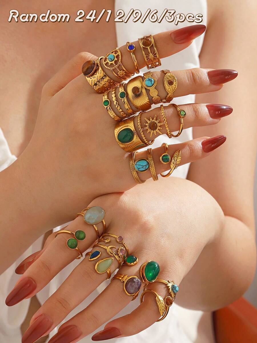 3/6/9/12/24 PCS Stainless Steel 18K Gold Plated Colorful Resin Drip Oil Geometric Rings Suitable For Women's Daily Wear (Random Shipment) - Multicolor - View 1