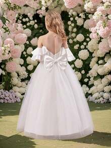 Tween Girl Bowknot Tulle Off Shoulder Flower Girl Dress, Easter Communion Princess Gown Suitable For Birthday Party, Wedding, Holiday Events - White - View 8