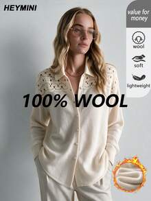 HEYMINI Autumn/Winter New 100% Wool Sweater, Shoulder Cut-Out Lapel Long Sleeve Knit Cardigan, Suitable For Daily Wear And Outings - White - View 2