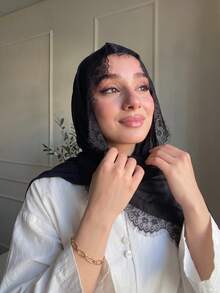 حجاب مسلم رومانسي من الشيفون والمودال مع تطريز الدانتيل، حجاب محتشم، وشاح حجاب مع الدانتيل للعباية - الأسود - مشاهدة 4