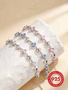 1pc Gentle Romantic 925 Sterling Silver Metal Heart-Shaped Rhinestone Inlaid Adjustable Chain Bracelet Women's Dating Accessory - Pink - View 6