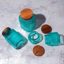 Superbutelki 4-Piece Ribbed Glass Food Storage Jar Set With Wooden Lids, 0.5L + 1L + 2L + 3L, Turquoise Airtight Kitchen Canisters For Coffee, Sugar, Flour, Pasta, Tea & Dry Food, Reusable Decorative Pantry Containers - View 3
