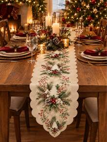 Christmas Linen Table Runner, Pine Branch Red Berry Pine Cone Christmas Tree Print Wavy Edge Dining Table Decor, Winter Holiday Restaurant Home Decoration, Christmas Decoration - A - View 9