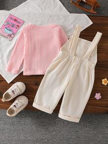 Baby Girl Cute Sweet Spring/Autumn 2-Piece Set, Elastic Pink Ribbed Top + Pink Floral Decor Front Pocket Button Adjustable Strap Long Pants - Pink - View 4