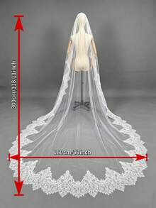 Mantilla Style Lace Bridal Veil, French Lace Trim Long Fingertip Length, With Invisible Hair Comb Wedding Photography Prop - Off-white - View 3