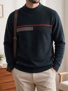 Men's Dark Green Striped Sweater Business Casual Commute Inner Layer Top Autumn Winter Crew Neck Thickened British Style Textured Knitwear - Dark Green - View 4