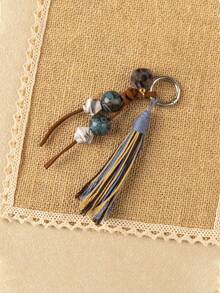 1pc Vintage Tassel Keychain, Handmade Wooden Bead Pendant, New Chinese Style Bag Charm, Car Key Holder - Multicolor - View 2