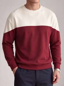 Sweatshirt Pria Kasual Minimalis Motif Patchwork Nyaman dengan Kerah Bulat dan Bahu Longgar - MultiWarna - View 3
