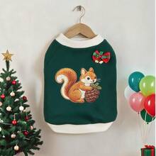 1pc Pet Autumn/Winter Sleeveless Vest, Christmas Style, Dark Green Background With Squirrel Pattern, Side Red Plaid Bow + Small Bell Decoration, White Trim On Collar And Hem, Full Of Atmosphere, Suitable For Small Dogs / Cats. - Dark Green - View 4