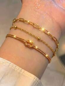 3pcs/Set Women's Stainless Steel Stackable Bracelet Set, Gold Paperclip And Knot Snake Chain Bracelets, Suitable For Daily, Holiday, Party, Gift - Bracelet 3-piece Set - View 1