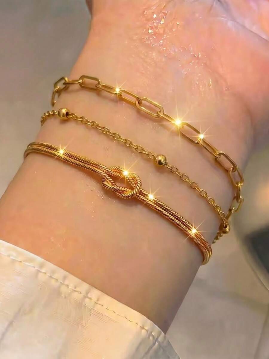 3pcs/Set Women's Stainless Steel Stackable Bracelet Set, Gold Paperclip And Knot Snake Chain Bracelets, Suitable For Daily, Holiday, Party, Gift - Bracelet 3-piece Set - View 1